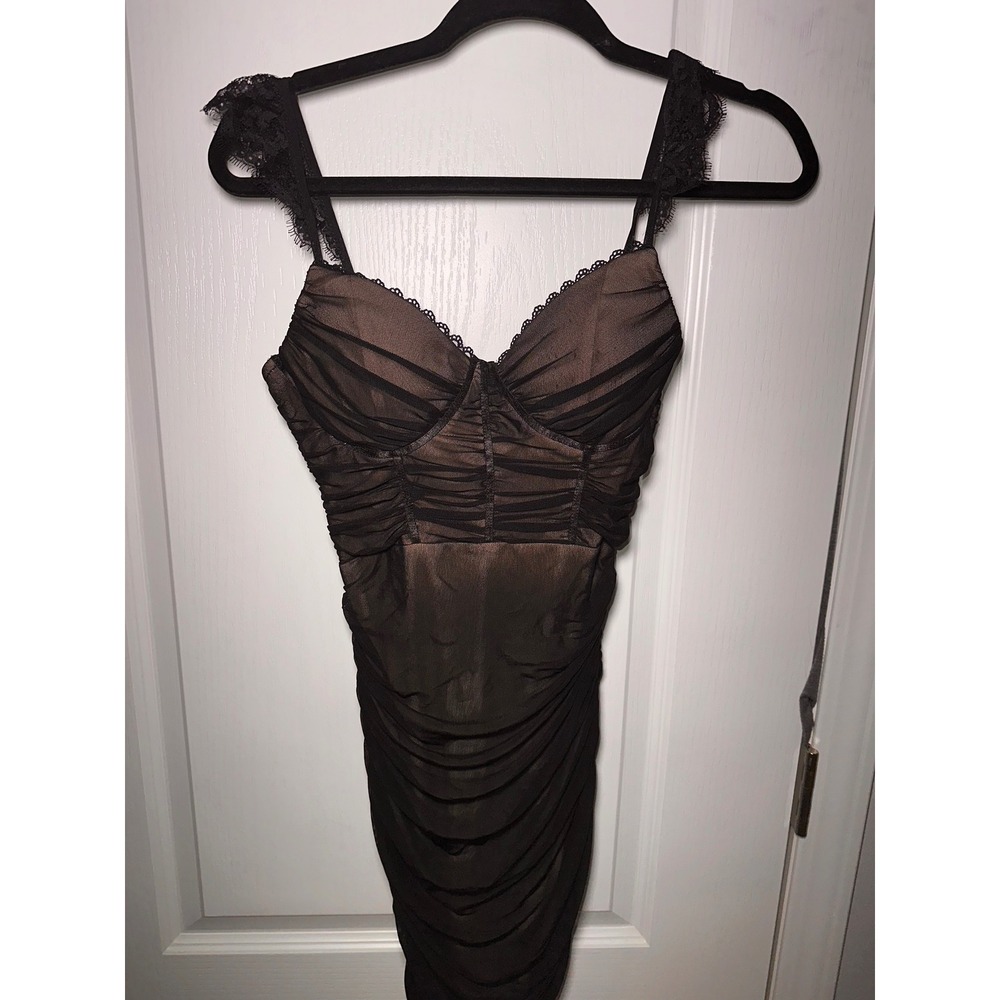 Windsor Black Mesh Ruched Lace Trim Bodycon Mini Dress Small PD75125B